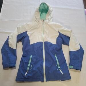 Land's End Jacket Women Large 14 Blue White Hood Double Zip Snap Closure